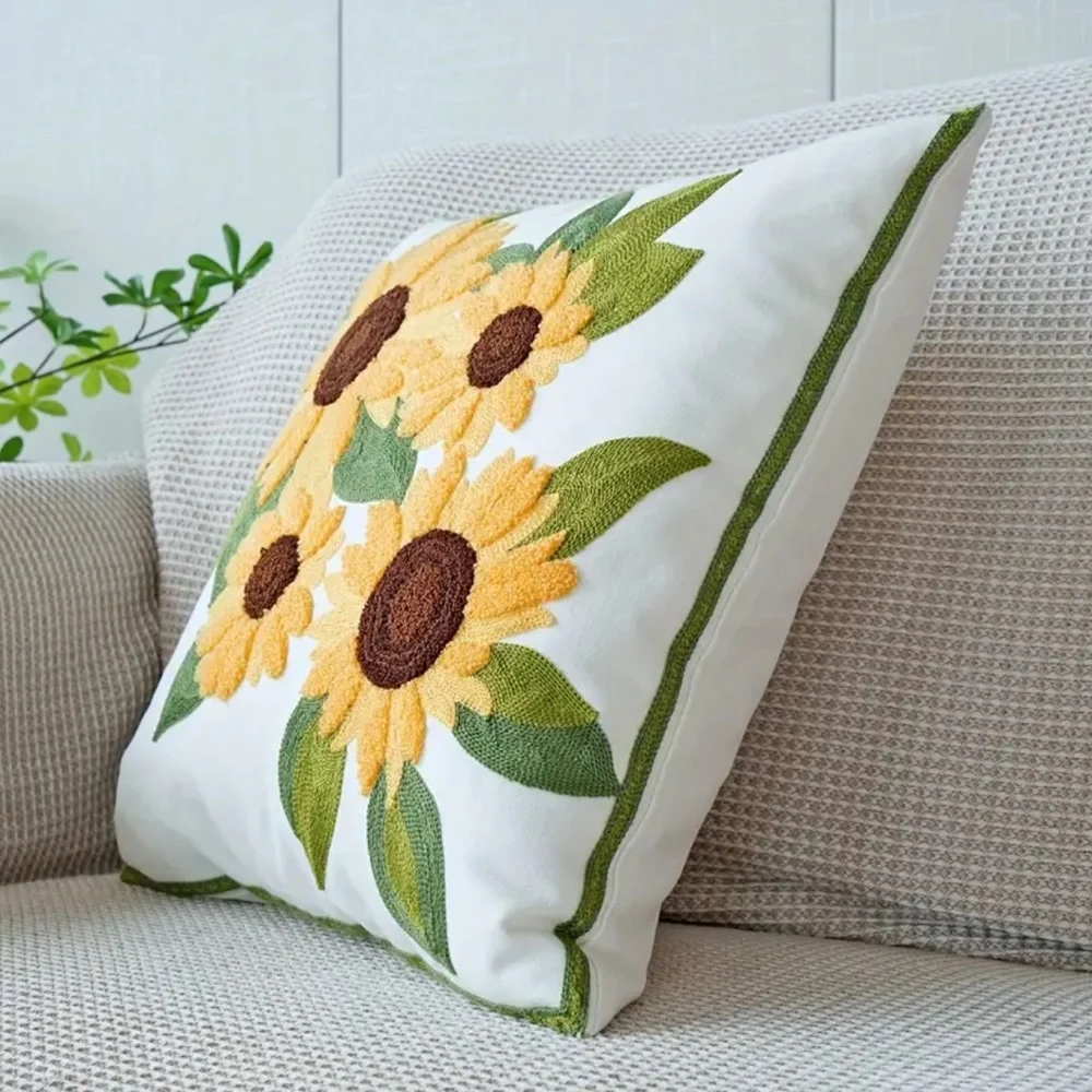 Sunflower Throw Pillow Case Cover Summer Spring Embroidered NEW Floral Cute